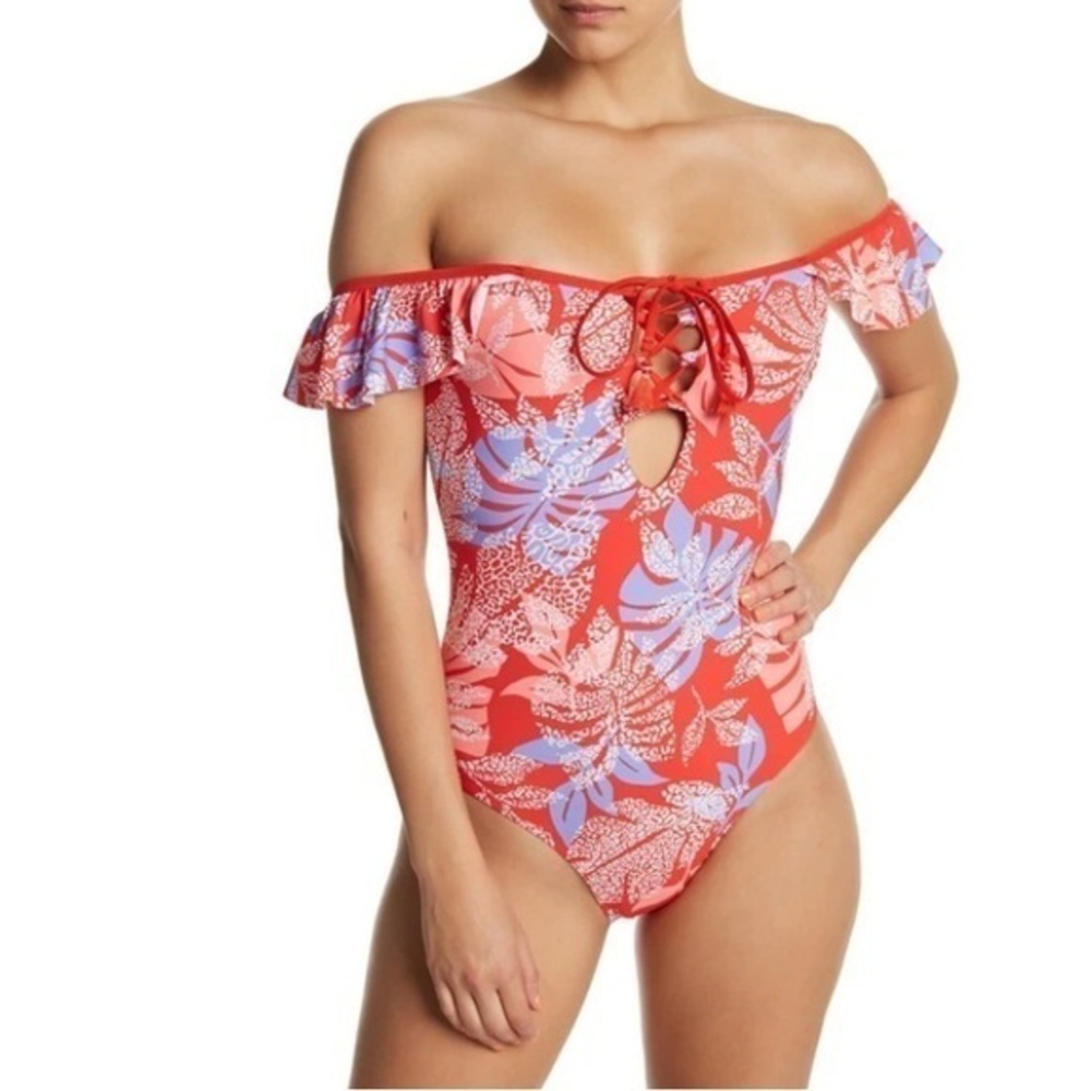 Red Carter Tropical Leaf Red One Piece Swimsuit with Ruffled Cap Sleeves Size L
